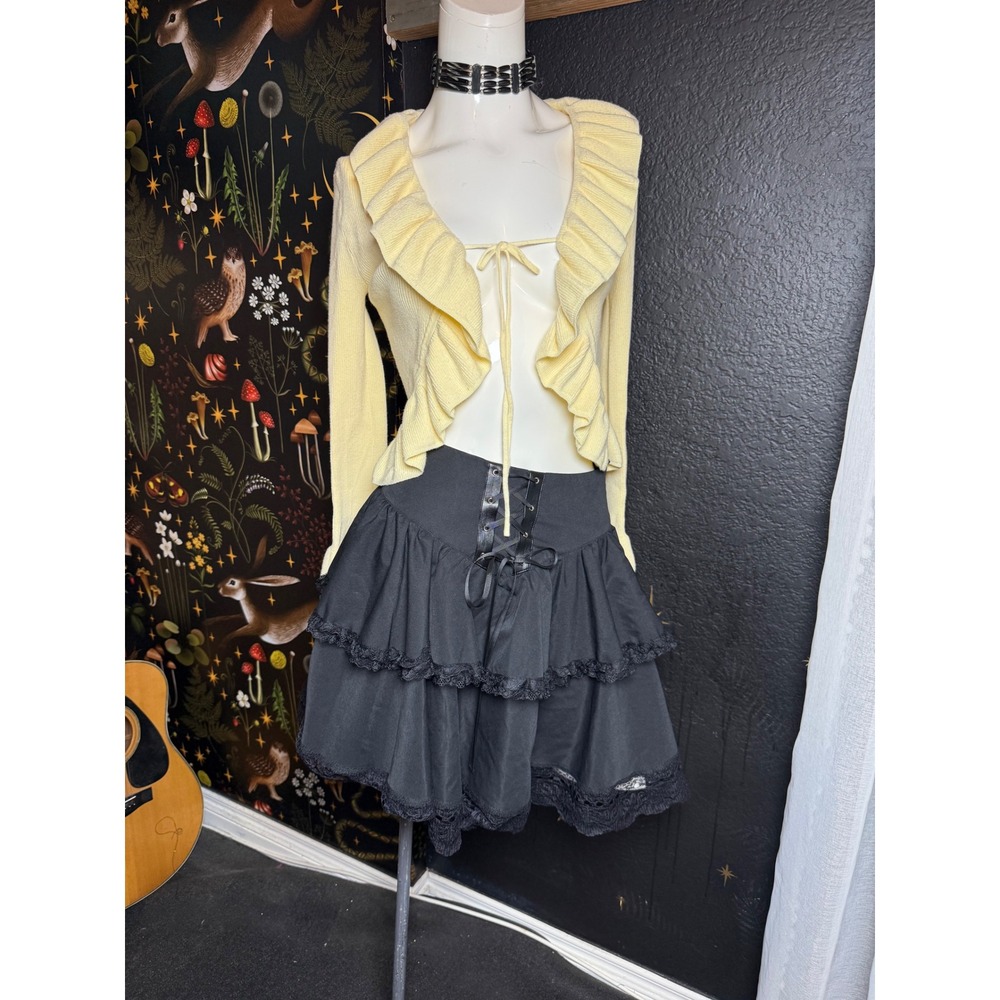 Pink Rose Pale Yellow Ruffle Ribbed Cardigan Tie Front Long Sleeve Crop Top L